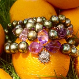 Lady Daisy diamond green pearl & amethyst necklace